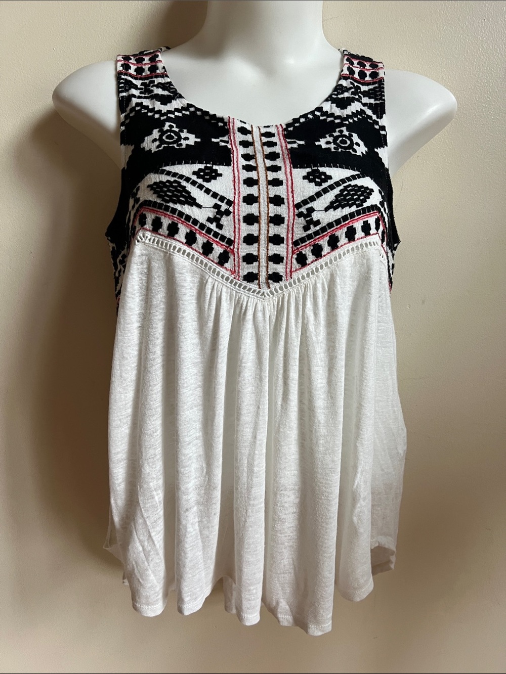 Lucky Brand White Tank with Black & Pink Embroidered Yoke